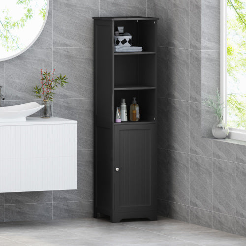 Modern Black Bathroom Linen Tower Cabinet – 63" Tall Storage with Open & Closed Shelves