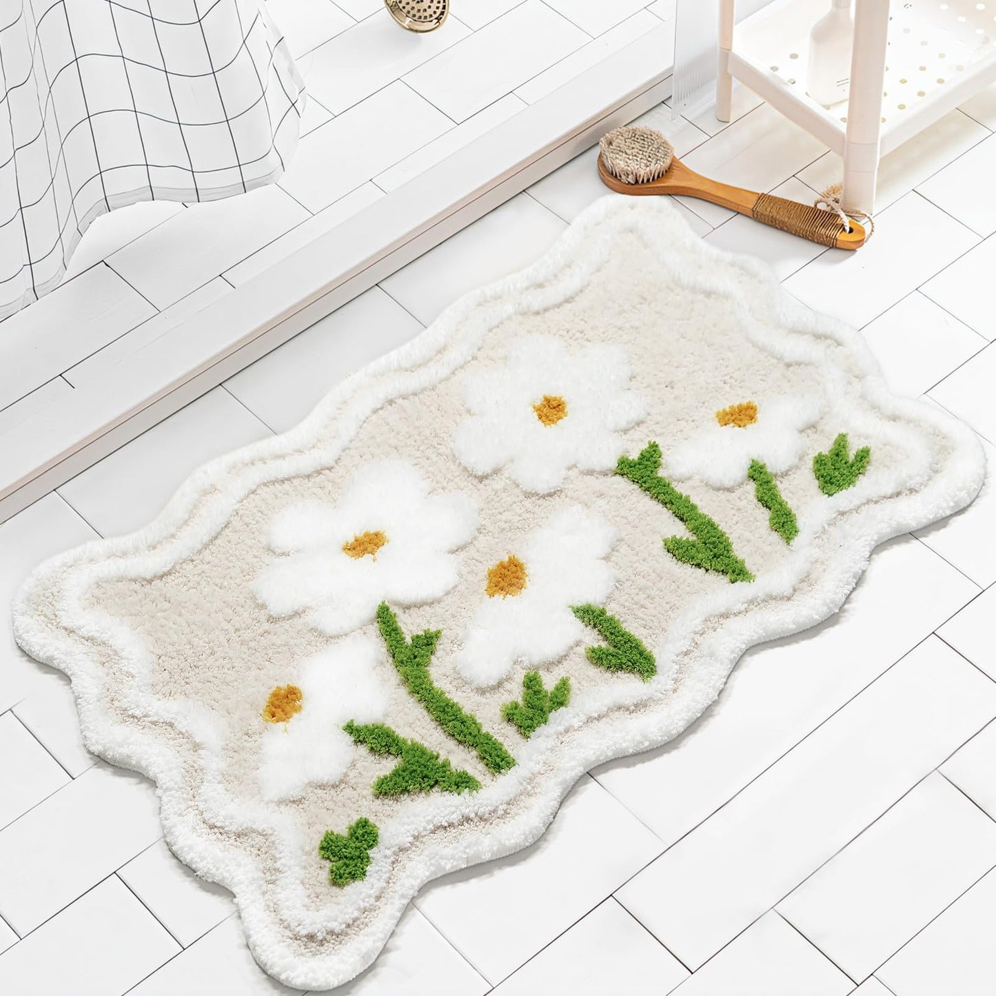Floral Beige Bathroom Rug – Soft, Non-Slip & Machine Washable (20x32")
