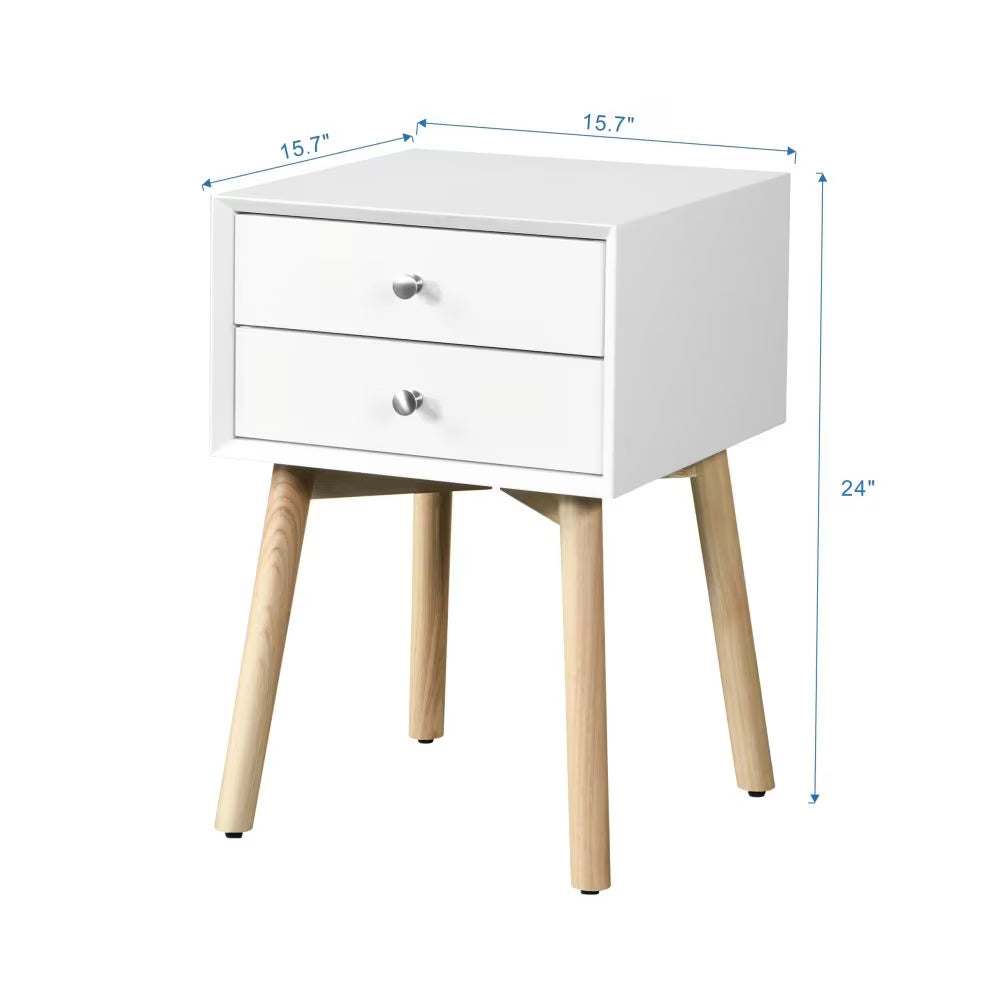 Mid-Century Bedside Table with 2 Drawers | White Storage Cabinet
