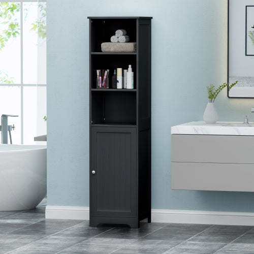 Modern Black Bathroom Linen Tower Cabinet – 63" Tall Storage with Open & Closed Shelves