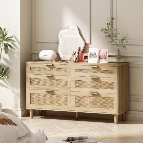 Rattan Dresser With Drawers, 6 Drawer Dresser For Bedroom, Clothes Storage Cabinet For Bedroom, Metal Handle&Wood Legs For Hallway, Living Room, Bedroom,Natural