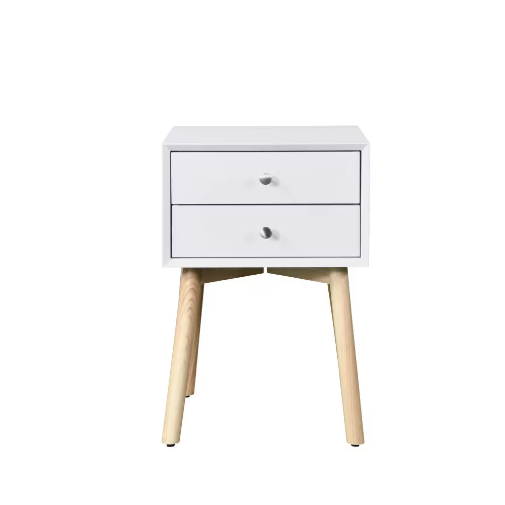 Mid-Century Bedside Table with 2 Drawers | White Storage Cabinet