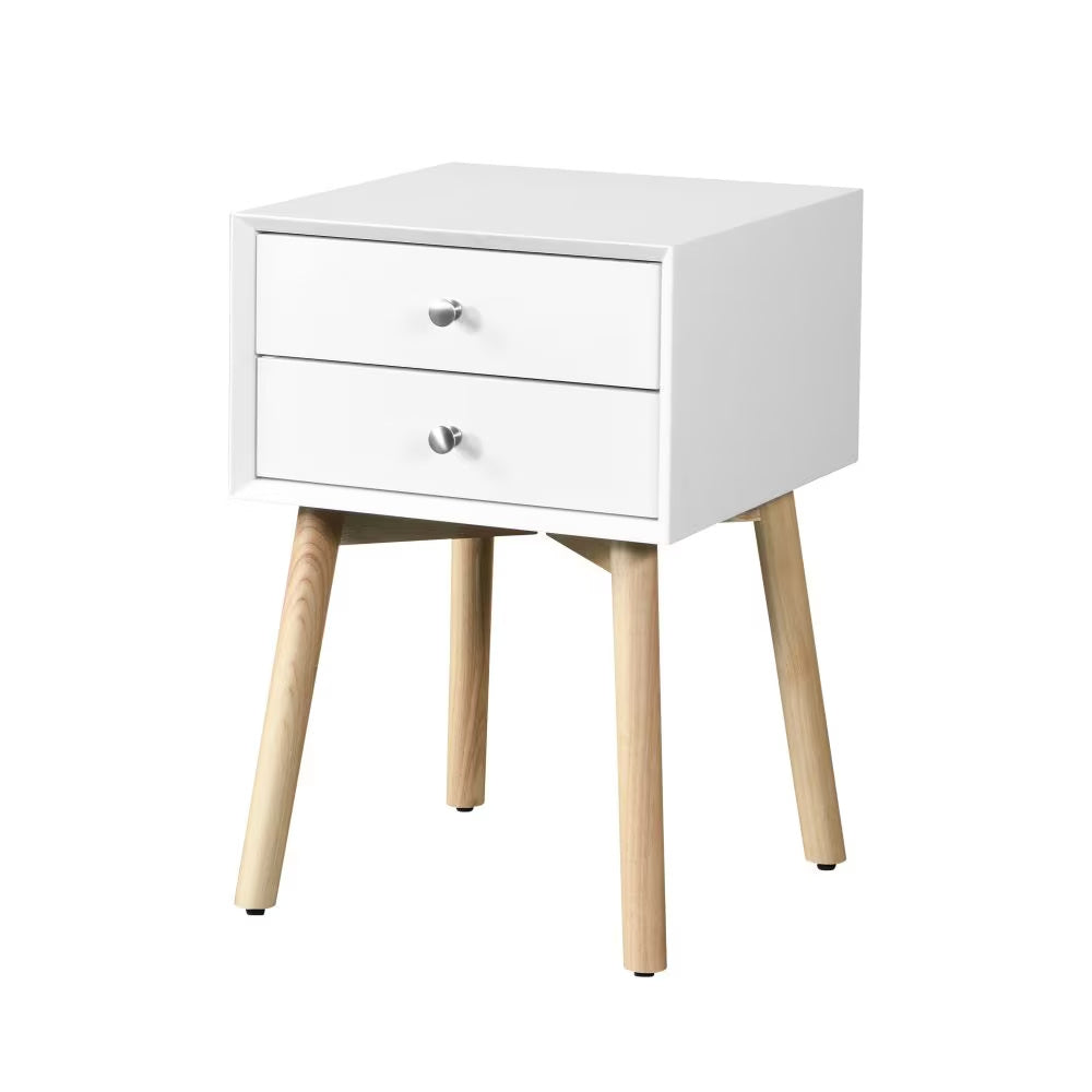 Mid-Century Bedside Table with 2 Drawers | White Storage Cabinet