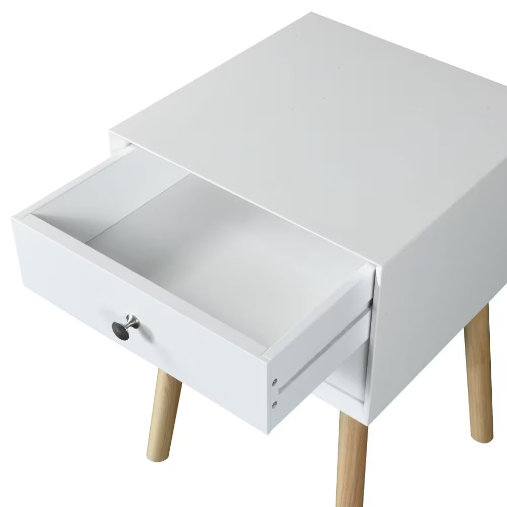Mid-Century Bedside Table with 2 Drawers | White Storage Cabinet