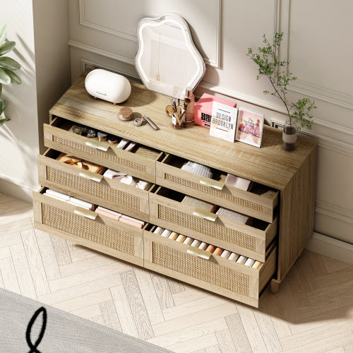 Rattan Dresser With Drawers, 6 Drawer Dresser For Bedroom, Clothes Storage Cabinet For Bedroom, Metal Handle&Wood Legs For Hallway, Living Room, Bedroom,Natural