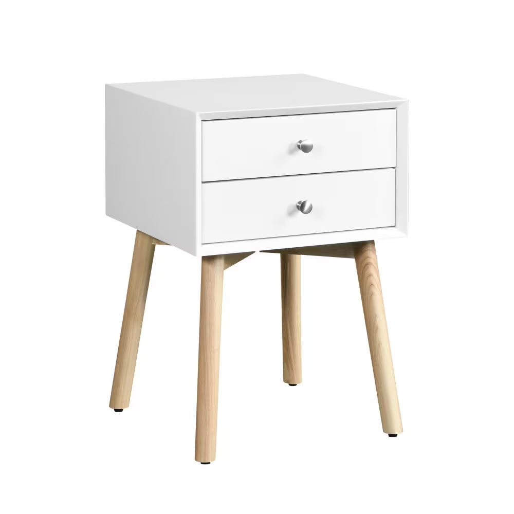 Mid-Century Bedside Table with 2 Drawers | White Storage Cabinet
