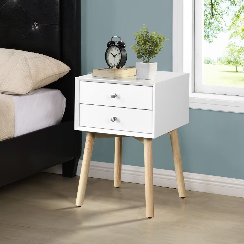 Mid-Century Bedside Table with 2 Drawers | White Storage Cabinet