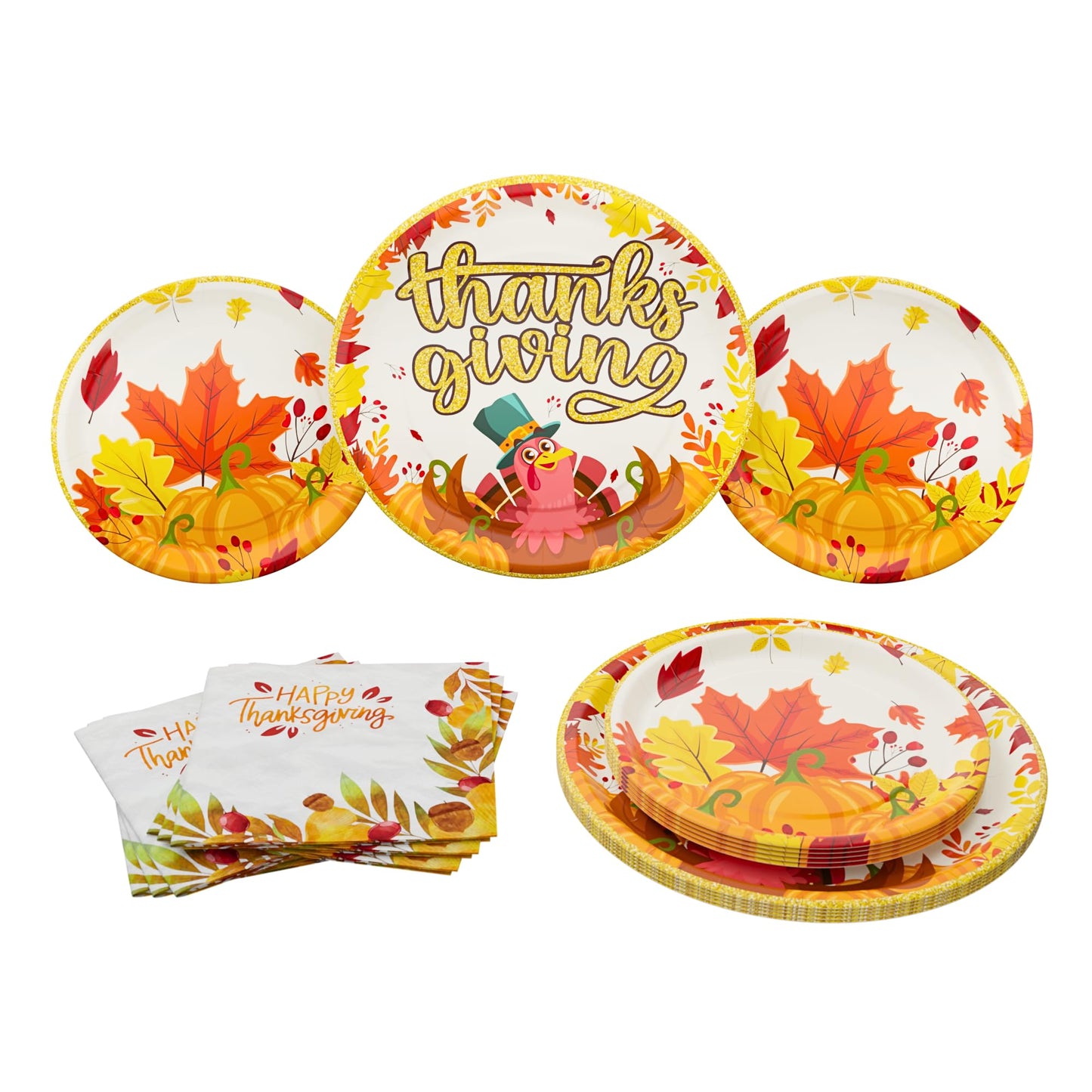 Thanksgiving Party Plates & Napkins Set (52 Pieces for 16 Guests)