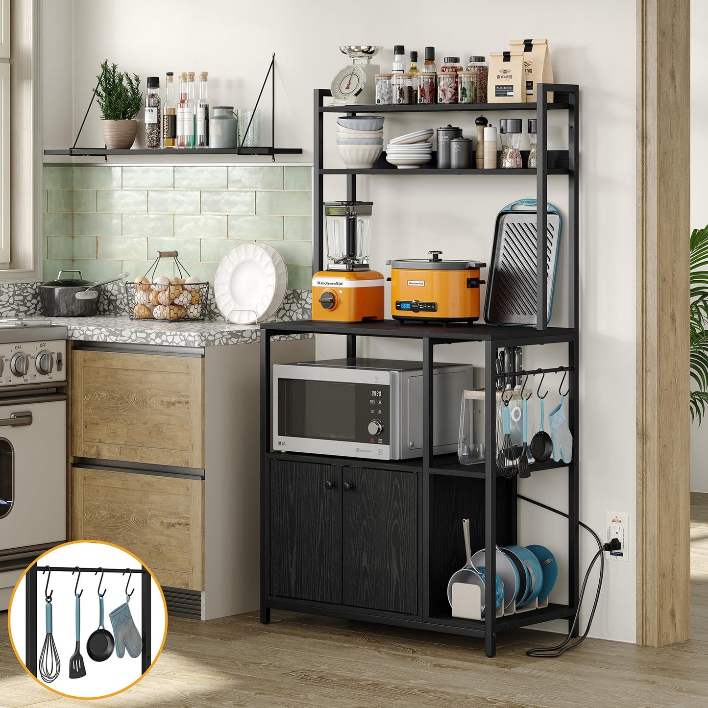 Furniouse 5-Tier Kitchen Bakers Rack with Power Outlet & Cabinet
