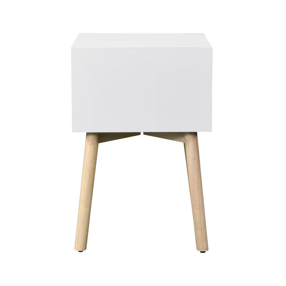 Mid-Century Bedside Table with 2 Drawers | White Storage Cabinet
