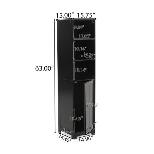 Modern Black Bathroom Linen Tower Cabinet – 63" Tall Storage with Open & Closed Shelves